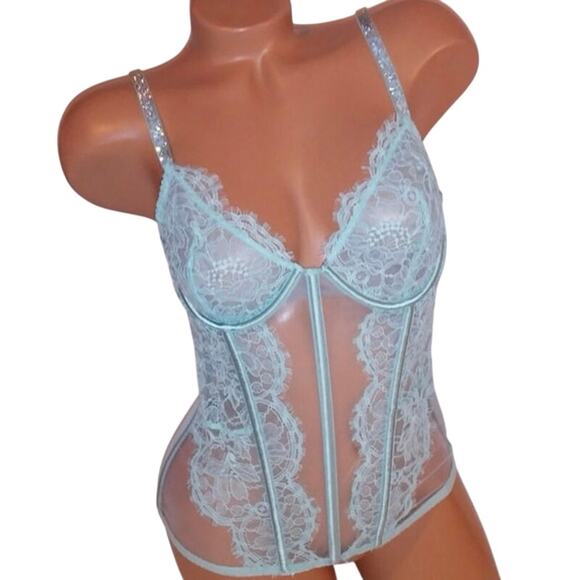 Victoria Secret Lingerie Bustier Corset XL Light Mint Blue Lace rhinestone Strap - Picture 1 of 10